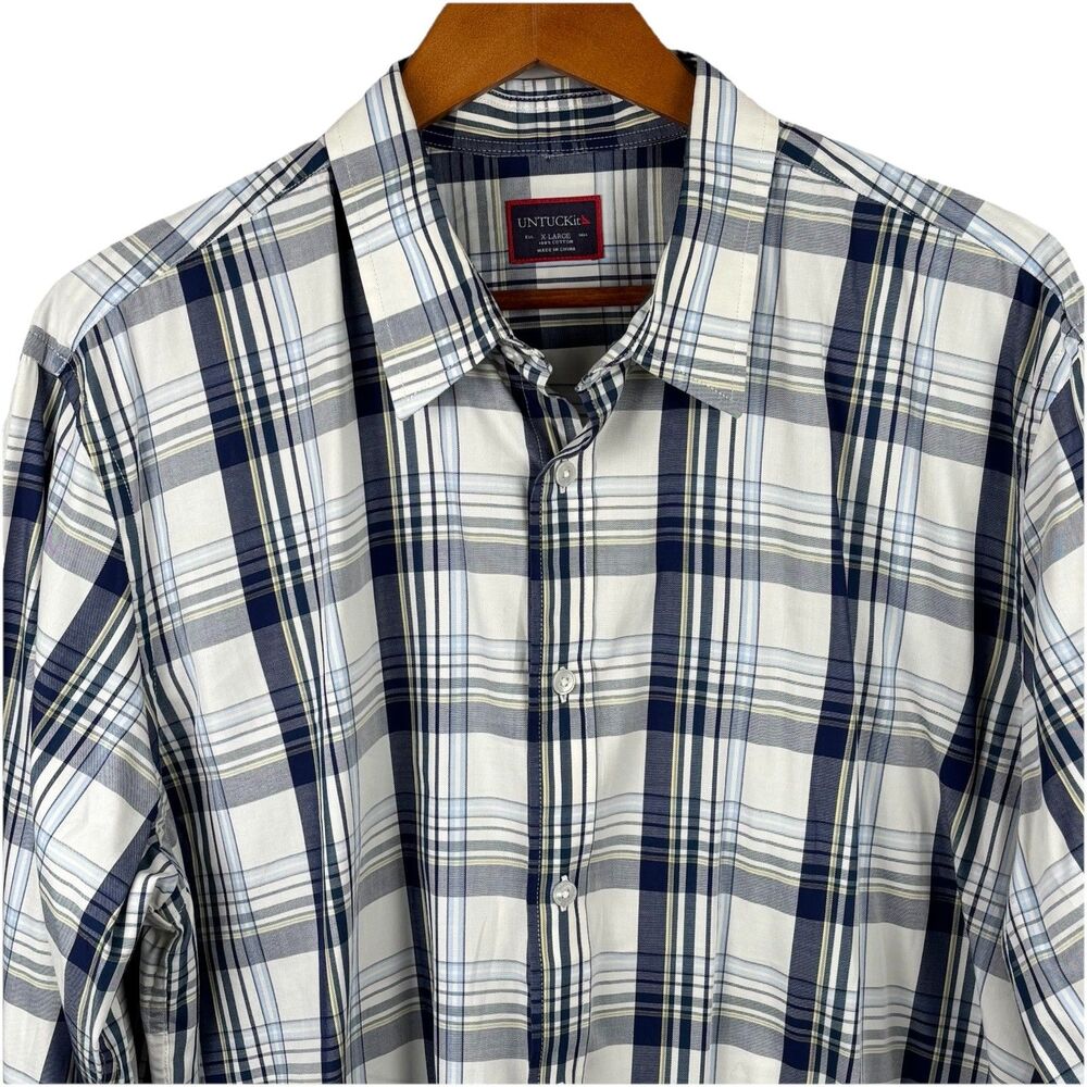 Untuckit Men’s XL Blue Yellow Plaid Button Down Shirt, Long Sleeve Cotton